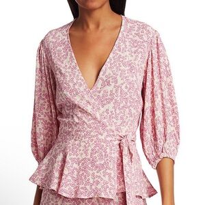 Ganni Wrap Top Floral Balloon Sleeve Pink Size 4